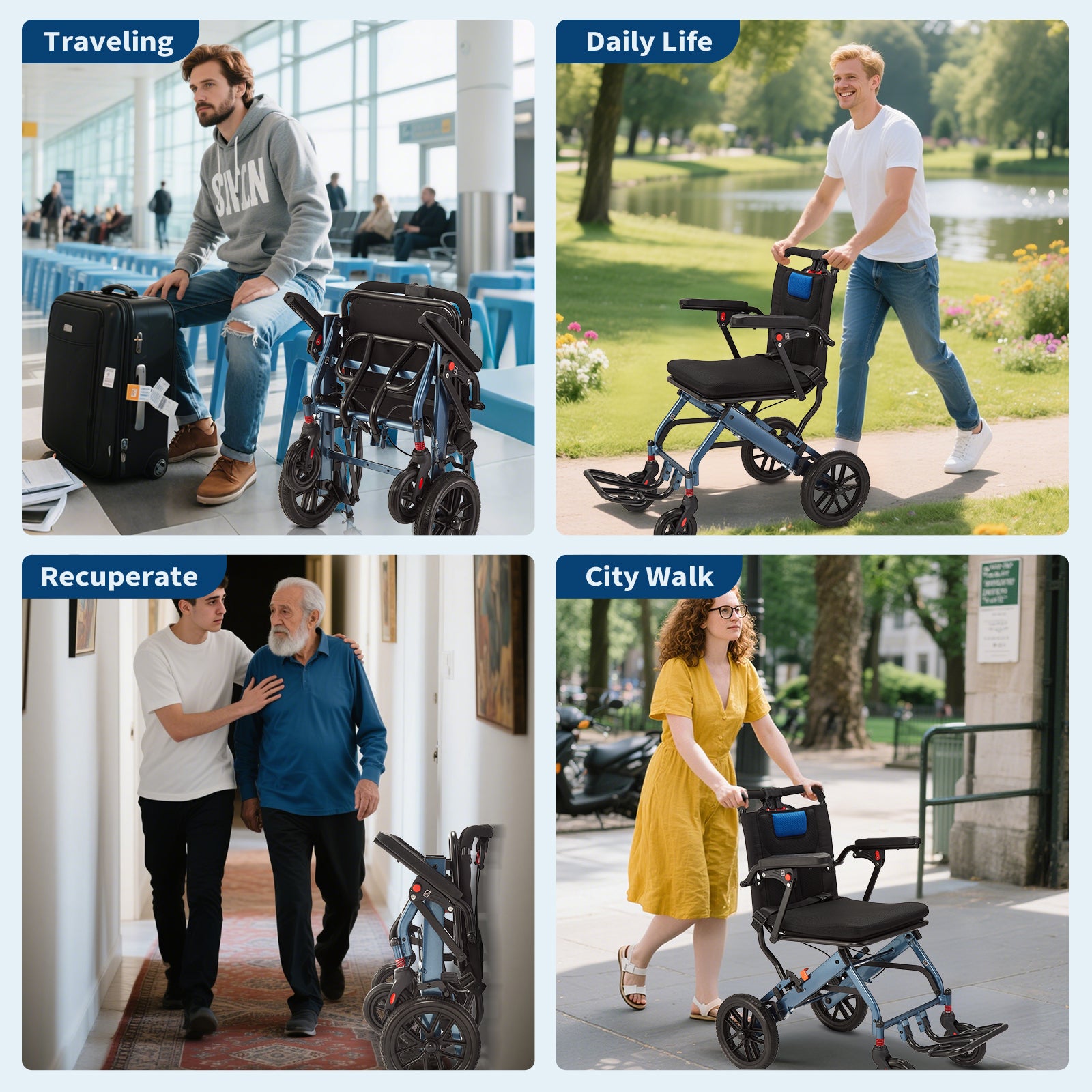 Garvee Portable Folding Wheelchair, Travel Wheelchair with handbrake, Ultra-Light Wheelchair for The Elderly and Children(16in Seat Width 8in PVC Rear Whee)