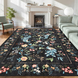 Garvee Large Area Rugs 9x12 Floral Peacock Washable Soft Non Slip Backing Black Carpet for Living Room Bedroom Dining Room - Black