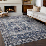 Garvee Oriental Retro Blue 10x13 Large Area Rugs Vintage Living Room Rugs with Non-Slip Backing, Machine Washable Oriental Distressed Floor Carpet, Stain-Resistant Foldable Low Pile Rugs for Bedroom, Office - Retro Blue
