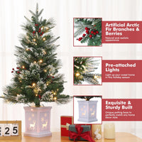 Garvee 4.5ft Christmas Tree, Pre-lit Christmas Tree with Lighting Elk Base and Red Berries, Artificial Christmas Tree with 108 LED Lights, Snow Flocked Branches Xmas Tree for Porch, Entryway