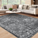 Garvee Washable 9x12 Area Rugs Dark Grey Vintage Floral Non-Slip Foldable Carpet for Living Room Bedroom Dining Room Office - Dark Gray