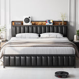 Garvee King Size Bed Frame with Shelf Headboard and Charging Station, Industrial Upholstered Platform Bed with Outlets, Heavy Duty Metal Slats Support, No Box Spring Needed, Easy Assembly, Leather Black (Black, King) - Black