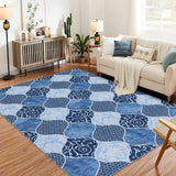 Garvee Moroccan Area Rug for Living Room, 9x12 Ultra-Thin Soft Large Rug for Bedroom, Washable Non-Slip Carpet with Rubble Backing for Dining Room Office, Blue - Blue