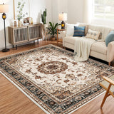 Garvee Washable Vintage Area Rug 10x13 Brown Traditional Oriental Medallion Floral for Living Room Bedroom Dining Room Office - Brown