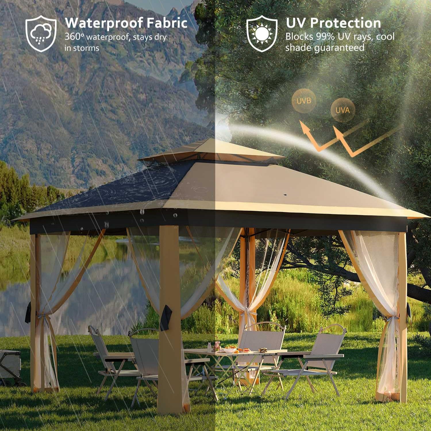 Outdoor gazebo canopy with corrosion-resistant metal frame and reinforced roof ribs