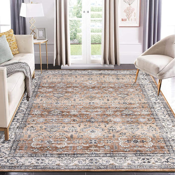 9x12 area rug with non-slip low pile surface for living room use in rust and gray vintage oriental pattern