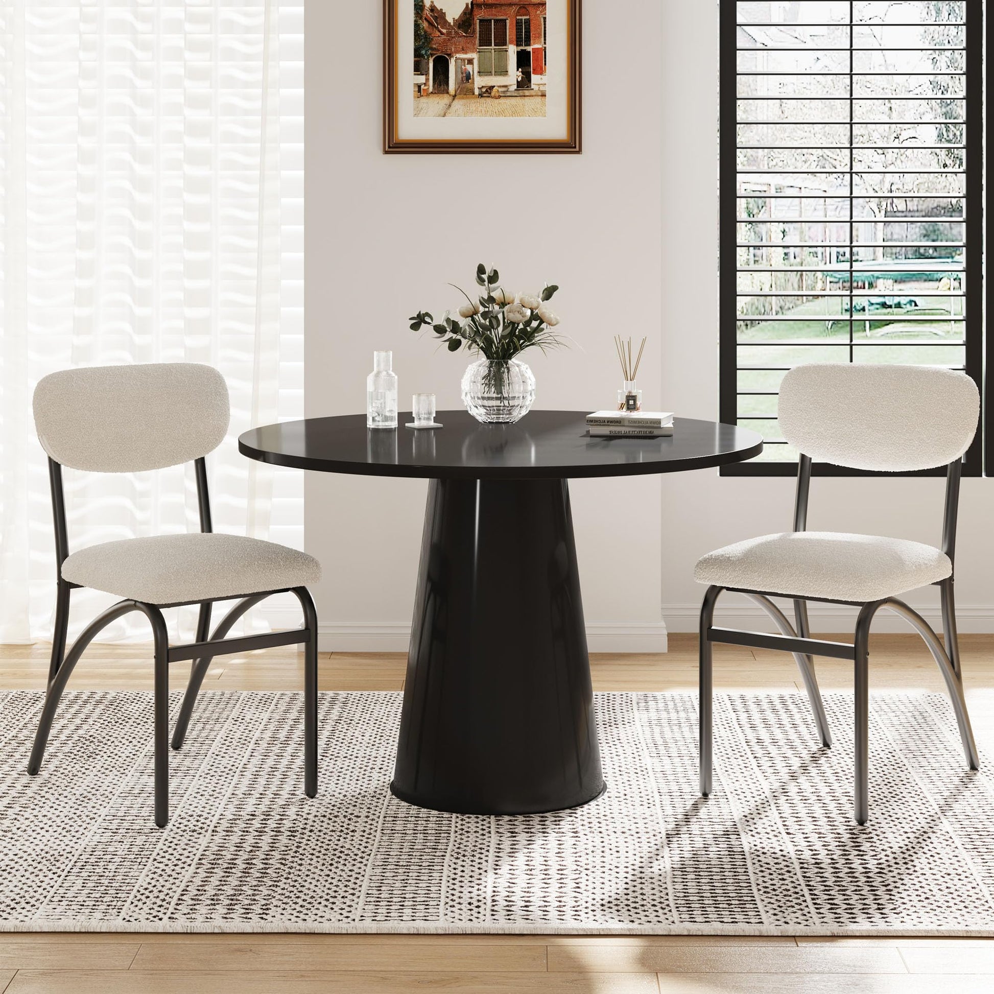 Mid-century modern beige boucle chairs with arched metal legs for dining, set of 2