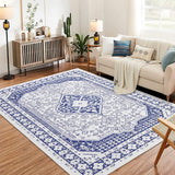 Garvee Washable Area Rugs for Living Room, 8x10 Stain Resistant No Slip Large Area Rug, Ultra-Thin Vintage Moroccan Soft Carpet for Bedroom Dining Room, Dark Blue - Blue
