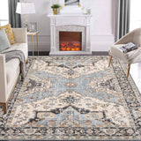 Garvee Living Room Washable Rug 5x7 - Vintage Oriental Floral Print, Non-Slip, Soft Polyester, Low Pile, Easy Maintenance, Multi-Sizes for Bedroom, Dining Room, Office - Beige Blue