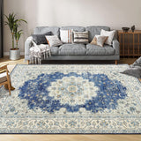 Garvee Vintage Area Rugs, Boho Traditional Washable Rug Floral Print Carpet, Low Pile Non-Slip Rubber Backing Foldable Mat for Bedroom Dining Room Office Living Room, Blue, 4x6 - Blue