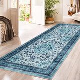 Garvee Washable Area Rug Vintage Foldable Thin Soft Low-Pile Non-Slip Stain Resistant Floor Carpet Blue 2x6ft Indoor Outdoor - Blue