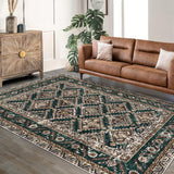 Garvee 10'x13' Washable Area Rugs, Vintage Boho Low Pile Non-Slip Rug for Living Room, Office, Kids Room, Green - Dark Green