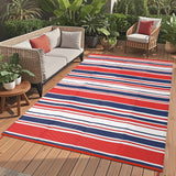 Garvee 10x14 Modern Lines Outdoor Large Rug Waterproof UV-Resistant Striped Patio Rug Red Navy White for Camping Picnic Pool Side RV - Red Navy White