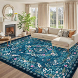 Garvee 9x12 Vintage Floral Area Rug, Soft Non-Slip Botanical Rug, Low Pile Living Room Bedroom Dining Room Rug, Teal Blue - Teal Blue