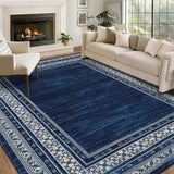 Garvee Bordered Navy Blue 10x13 Washable Rug, Non Slip Soft Carpet for Kitchen, Bathroom, Entryway & Laundry Room - Navy Blue