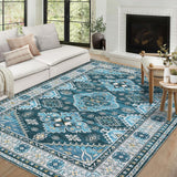 Garvee Washable Area Rugs 5x7 Rug for Living Room Non Slip Bedroom Rug Vintage Tribal Rug Blue Distressed Rug Chenille Thin Carpet Stain Resistant Throw Rugs for Dining Room Blue 5'x7' - Blue
