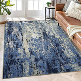 Garvee Washable 9x12 Area Rug for Living Room, Office - Abstract Distressed Design, Low Pile, Polyester, High Traffic, Cozy, Blue - Blue