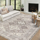 Garvee Washable Area Rugs 5x7 Rug for Living Room Non Slip Bedroom Rug Vintage Tribal Rug Distressed Rug Traditional Chenille Low Pile Carpet Stain Resistant Throw Rugs for Dining Room Taupe 5'x7' - Tan & Ivory