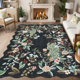 Garvee Scalloped Washable 8x10 Area Rug Floral Peacock Rugs for Living Room Bedroom Soft Non Slip Large Under Table Carpet Black - Black