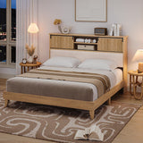 Garvee Rattan Full Bed Frame with Headboard & Sliding Door Shelf, Bohemian Rattan Bed Frames Full Size with Storage Shelves, Solid Wood Foundation with Silent Slats, No Box Spring Needed, Natural - Natural