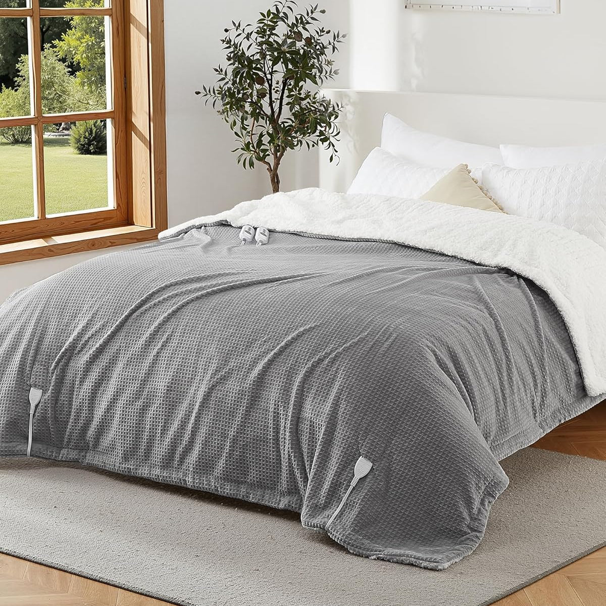 Garvee Electric Heated Blanket King Size with Dual Controllers, Fast Heating Throw with 4 Adjustable Heat Levels, Soft Waffle Embossed, Machine Washable, 90"x100" Grey