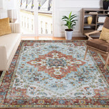 Garvee Washable Rug 8x10 Area Rugs Boho Printed Rug Low Pile Large Area Rug Oriental Rug Vintage Distressed Floor Mat Non Slip Area Rugs Living Room Bedroom, Rust/Dull Teal - Rust/Dull Teal