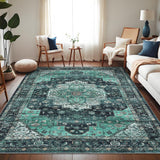 Garvee Persian Green 10x13 Area Rugs, Machine Washable Vintage Printed Soft Low Pile Rugs, Oriental Accent Carpet with Non-Slip Backing, Stain-Resistant Distressed Floor Carpet for Living Room, Hallway, Laundry - Green