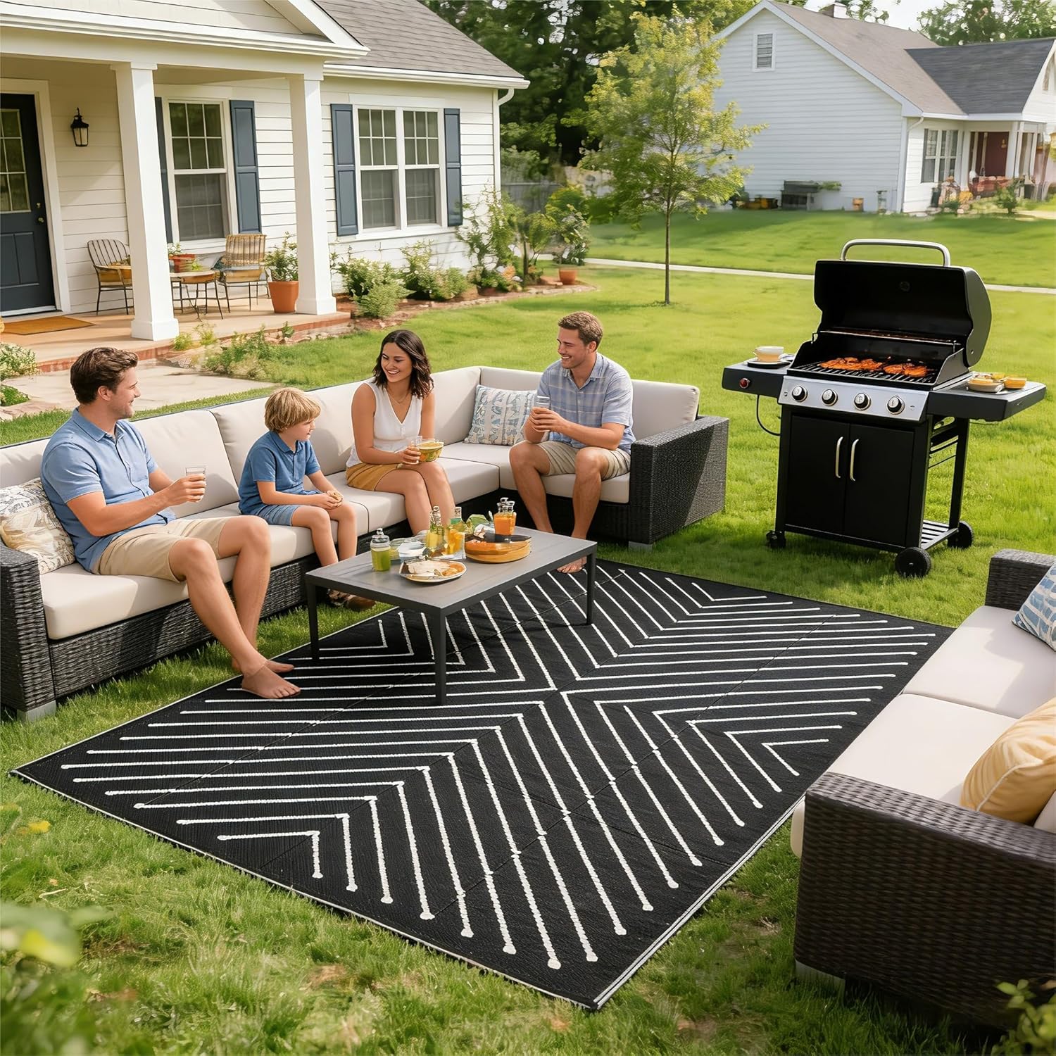 Garvee 8' x 10' Waterproof Reversible Outdoor Rug – Black & White Striped Plastic Straw Patio Mat – Durable, Collapsible, Easy Clean – For RV, Deck, Backyard, Camping, Picnic