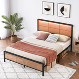 Garvee Rattan Platform Bed Frame Queen Size + LED Light + Modern Style + Heavy Duty Steel Slat + No Box Spring Needed - Black + RGB LED