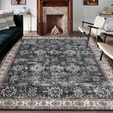 Garvee 5*7ft Vintage Area Rug - Washable Stain Resistant, Traditional Distressed Mat, Retro Floral Print, Foldable Thin Accent Rug, Non-Slip Carpet for Living Room Dining Room Office. Black Tone - Black
