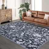 Garvee Traditional Area Rug 8'x10' Foldable Indoor Washable Rug Thin Retro Accent Floral Non-Slip Carpet Mat Grey - Gray