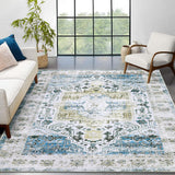 Garvee Washable 5x7 Area Rugs Vintage Oriental Rug Ultra-Thin Low Pile Distressed Rug Stain Resistant Carpet Vintage Rugs for Bedroom with Non Slip Backing, Blue Multi - Blue Multi