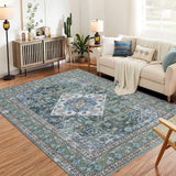 Garvee Washable Oriental Area Rug, 6x9 Vintage Design Printed Floral Carpet, Stain Resistant with Non Slip Rubber Back for Living Room Bedroom Dining Home Office - Green