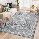 Garvee Vintage Washable Area Rug 3'x5' Boho Rug Faux Cashmere Non Slip Rugs for Living Room Bedroom Oriental Indoor Rug Mat Stain Resistant Throw Rug Kitchen Dining Home Office, Grey - Gray