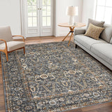 Garvee Area Rug 9x12 Washable Rug Dark Grey, Persian Vintage Rugs, Ultra-Thin Foldable Vintage Rugs for Bedroom, Dining Room, Home Office, Pet & Child Friendly, Low Pile, Non-Shedding - Dark Gray