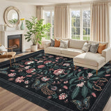 Garvee Floral 8x10 Area Rugs Non Slip Vintage Floor Rugs for Living Room Bedroom, Black, Large Low Pile, Washable - Black