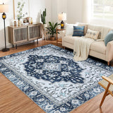 Garvee Oriental Blue 8x10 Washable Vintage Floral Area Rug, Non-Slip Print, Non-Shedding, Soft Foldable Carpets for Dining Room, Bedroom, Living Room, Kitchen Entryway - Blue