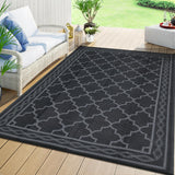 Garvee Outdoor Black Grey 9×18 Large Rug Waterproof Plastic Straw Rug Moroccan Outdoor Rug Easy-Cleaning Outdoor Area Rug Carpet Rv Mat Outdoor Patio Camping Rug for Picnic Backyard Deck Balcony Porch - Black Gray