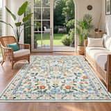 Garvee Floral 5x7 Green Washable Rug Non-Slip Non-Shedding Soft Vintage Throw Rug, Low Pile Farmhouse Floral Carpet, Non-Shedding Indoor Foldable Printed Rug for Bedroom Dining Room Kitchen - Green