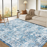 Garvee Vintage Floral Area Rug 9x12 Non Slip Non Shedding Floor Carpet Low Pile Thin Rug, Large Washable Thin Rug, Distressed Gray Rug, Indoor Oriental Rug for Living Room, Bedroom, Blue - Blue