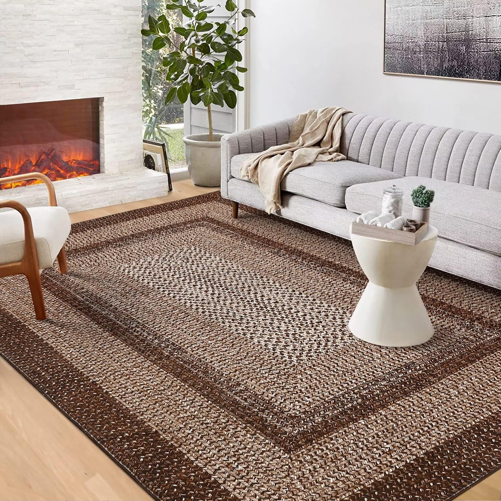 4x6 area rug with washable low pile design for living room or fireplace area in brown braided texture
