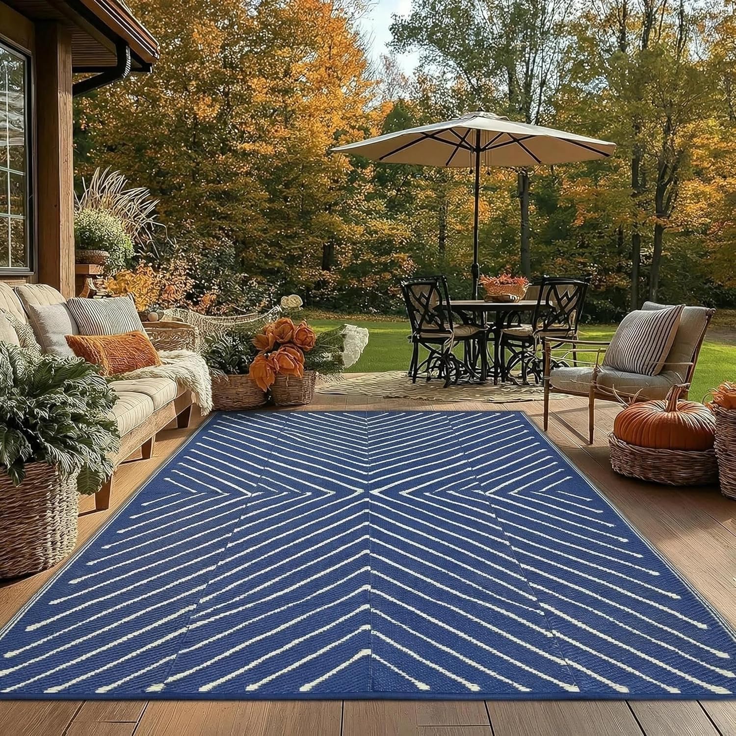 Garvee 8' x 10' Waterproof Reversible Outdoor Rug, Geometric Plastic Straw Patio Mat for RV, Deck, Backyard, Camping & Picnic, Navy Blue