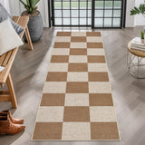 Garvee Checkered Easy Jute Runner Rug 2x6 Brown Non-Slip Machine Washable Indoor Outdoor Farmhouse Style - Coffee-Checkerboard-1