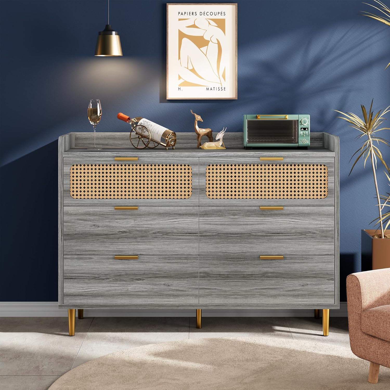 Garvee 6 Drawer Rattan Dresser, Narrow Wicker Chest of Drawer with Railed Edge, Metal Legs, Gold Handles, Farmhouse Wooden Storage Dresser for Bedroom, Living Room