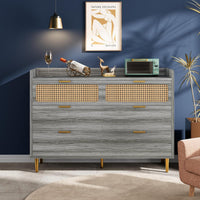 Garvee 6 Drawer Rattan Dresser, Narrow Wicker Chest of Drawer with Railed Edge, Metal Legs, Gold Handles, Farmhouse Wooden Storage Dresser for Bedroom, Living Room