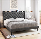 Garvee King Size Bed Frame with Charging Ports, Storage Shelf, Upholstered Platform, Wingback Headboard, No Box Spring, Dark Gray - Dark Gray
