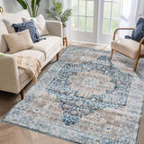 Garvee Vintage Area Rug 5x7 Blue Washable Indoor Bedroom Kitchen Living Room Carpet Retro Distressed - Blue