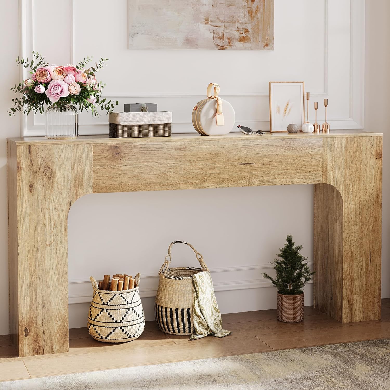 Garvee 63" Farmhouse Console Table Slim Wood Sofa Side Table Narrow Rustic Foyer Furniture for Living Rooms Hallways Apartments, Oak