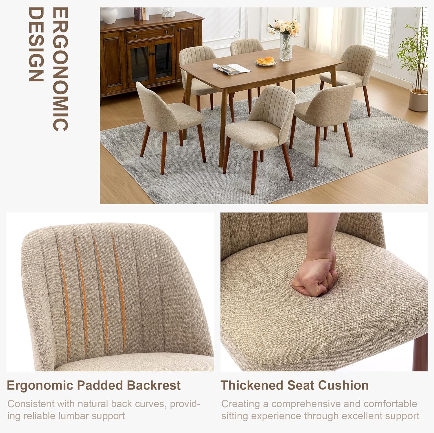 Garvee Set of 8 Mid-Century Modern Fabric Upholstered Dining Chairs with Padded and Solid Wood Legs, Camel