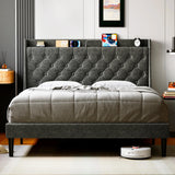 Garvee Full Size Bed Frame with Charging Station and Wingback Storage Headboard, Button Tufted Upholstered Platform Bed with Adjustable Headboard, No Box Spring Needed, Noise-Free, Easy Assembly, Dark Grey - Dark Gray
